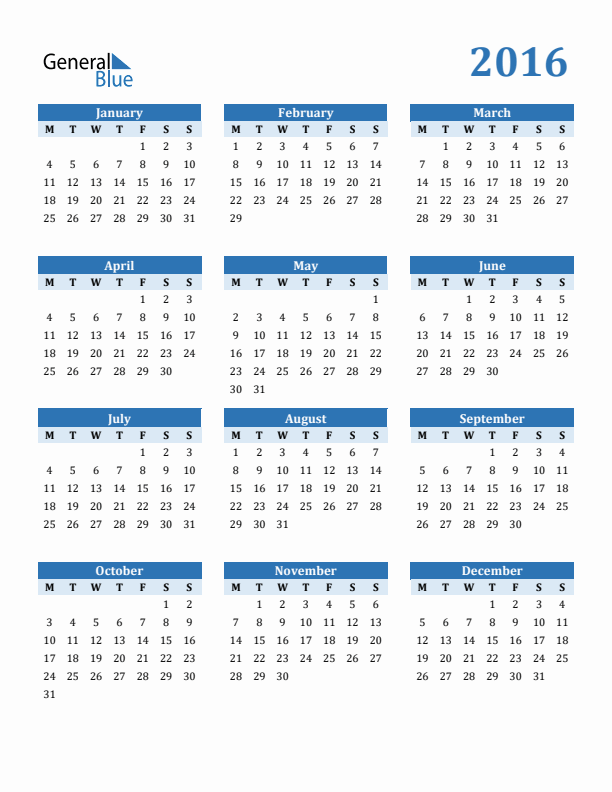 2016 Year Calendar with Monday Start