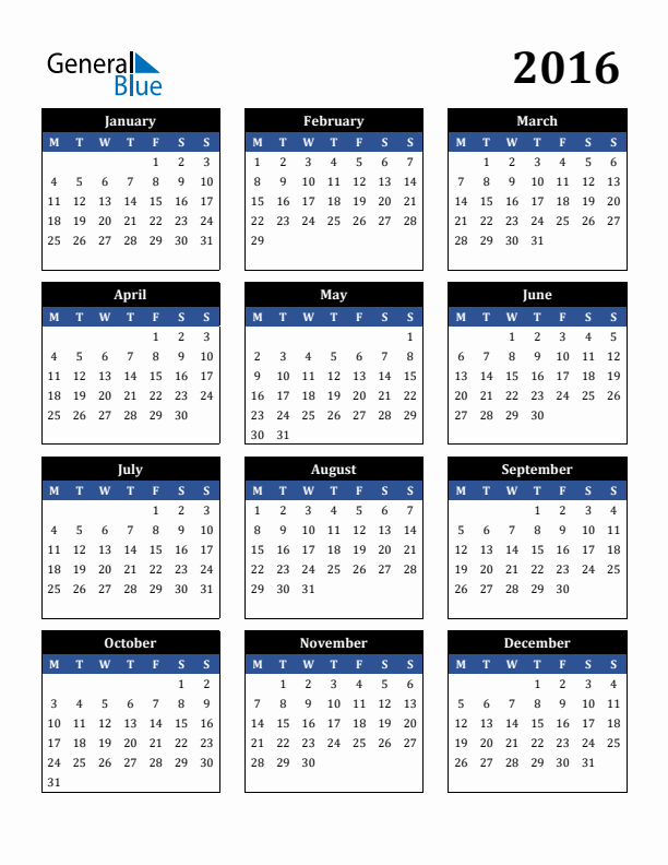 Editable Calendar 2016 - Monday Start