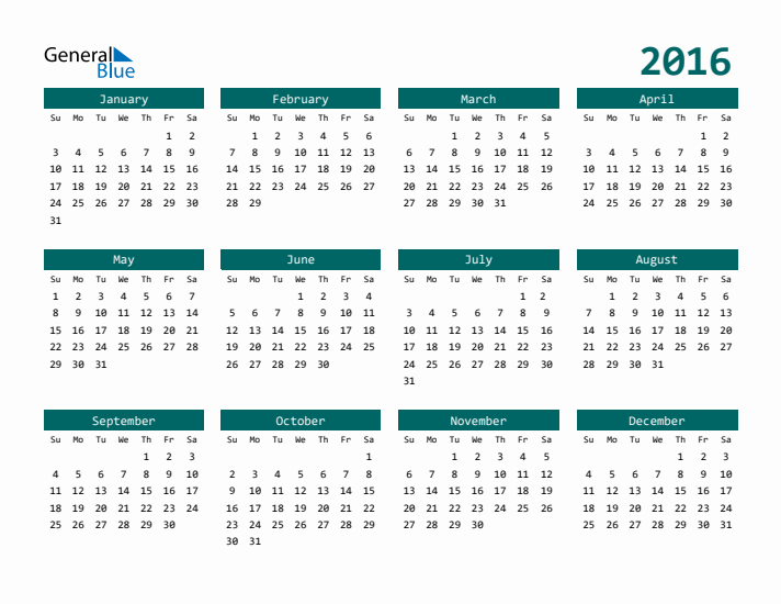 Downloadable 2016 Calendar