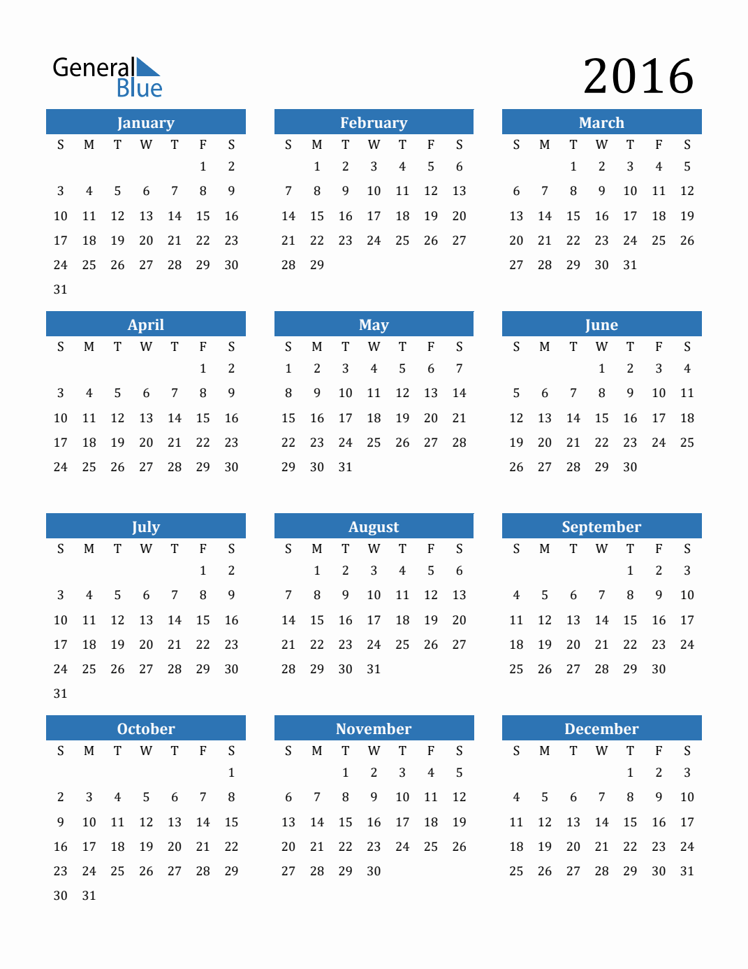Regelmatig Een nacht koper 2016 Calendar (PDF, Word, Excel)
