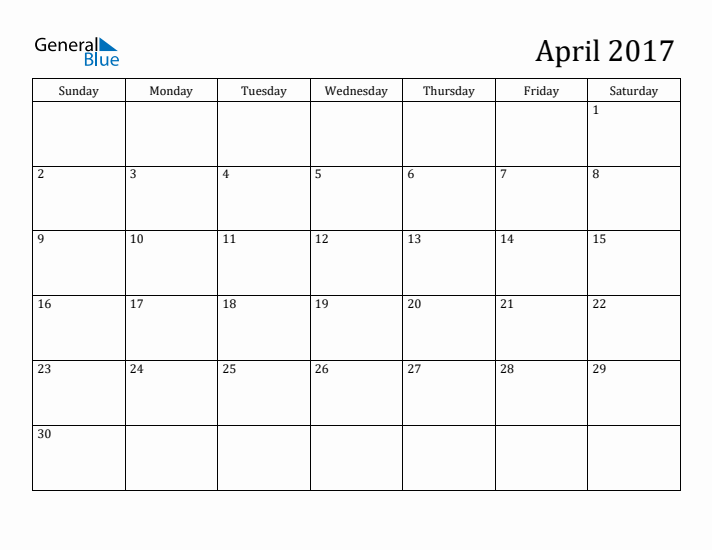 April 2017 Monthly Calendar (PDF Word Excel)