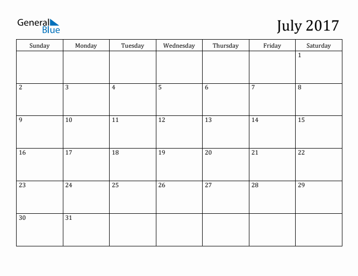 July 2017 Monthly Calendar (PDF Word Excel)