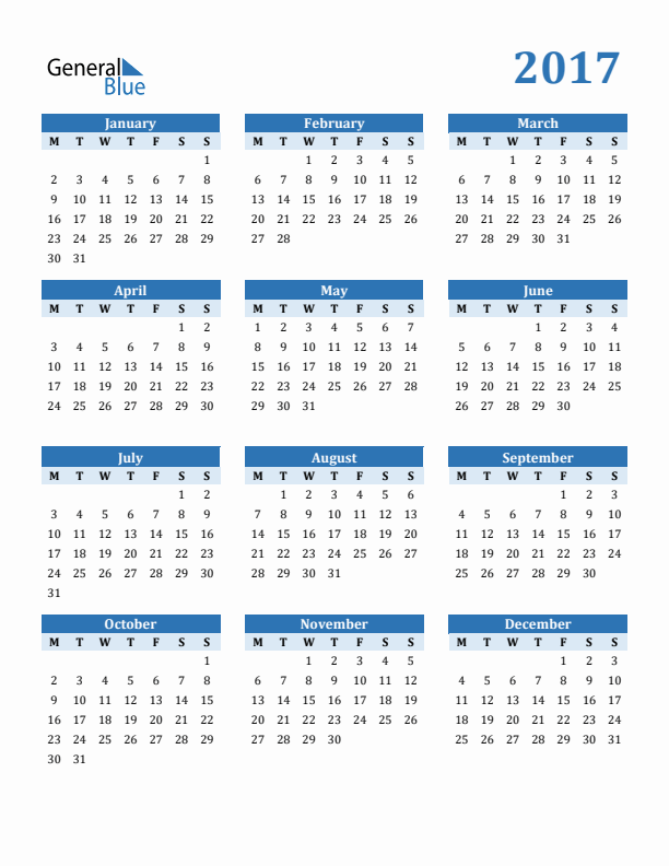 2017 Year Calendar with Monday Start