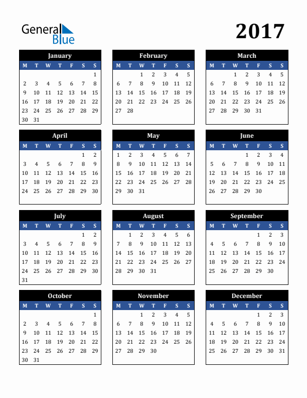 Editable Calendar 2017 - Monday Start