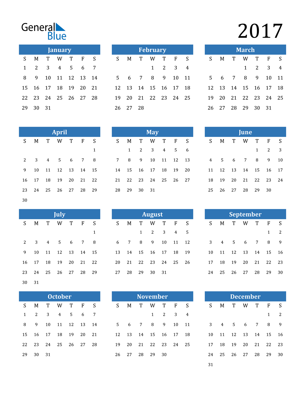 2017 Calendar PDF Word Excel 