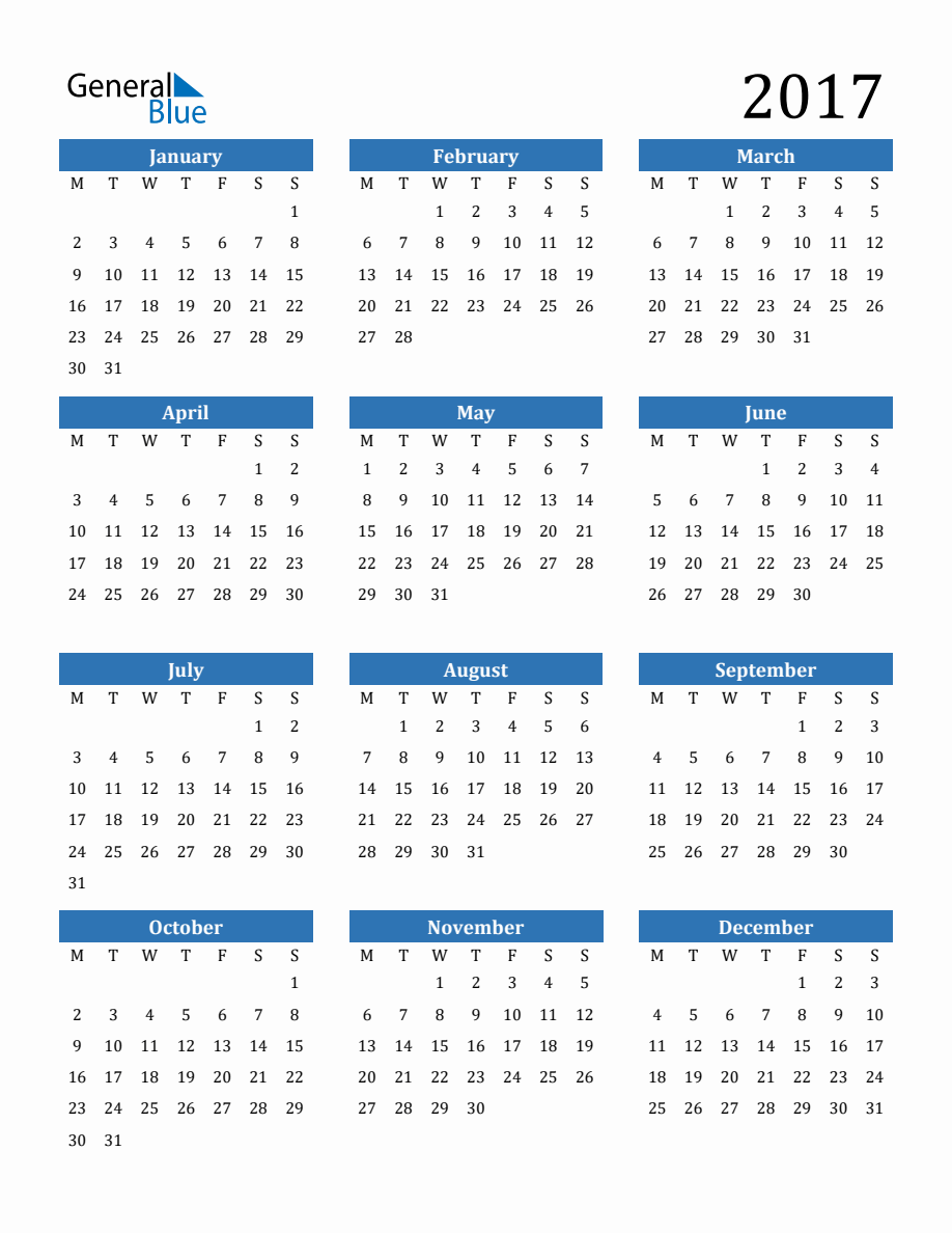 2017 Yearly Calendar