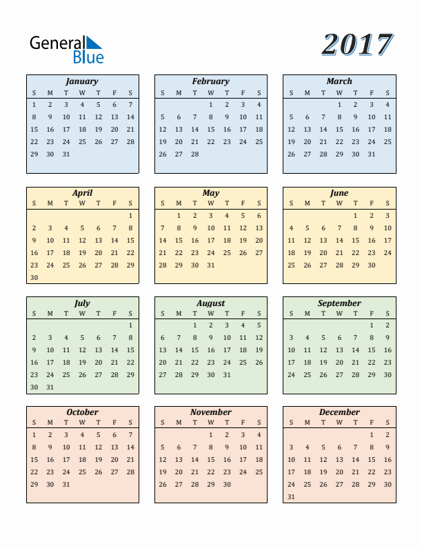 Calendar for 2017 (Sunday Start)