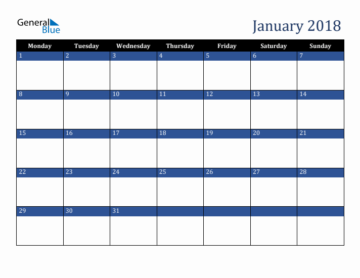 Monday Start Calendar for January 2018