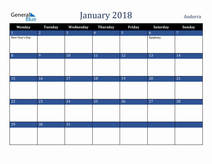 January 2018 Andorra Calendar (Monday Start)