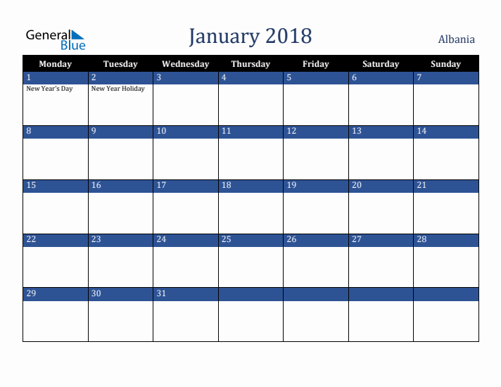 January 2018 Albania Calendar (Monday Start)