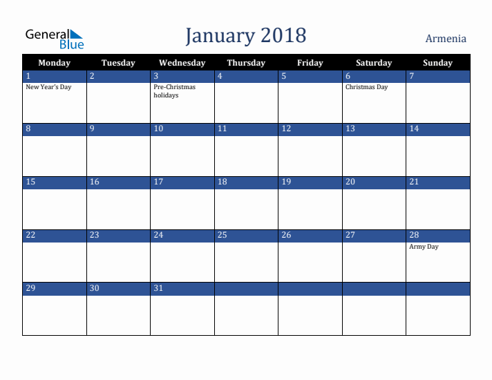 January 2018 Armenia Calendar (Monday Start)