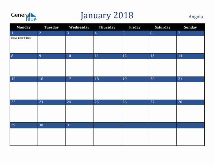 January 2018 Angola Calendar (Monday Start)