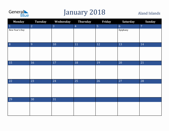 January 2018 Aland Islands Calendar (Monday Start)
