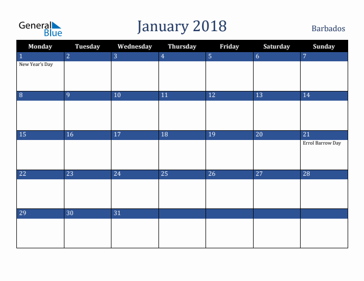 January 2018 Barbados Calendar (Monday Start)