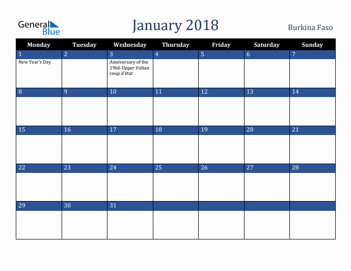 January 2018 Burkina Faso Calendar (Monday Start)