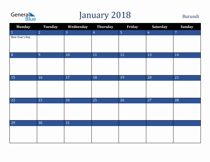 January 2018 Burundi Calendar (Monday Start)