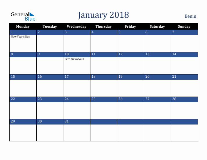 January 2018 Benin Calendar (Monday Start)