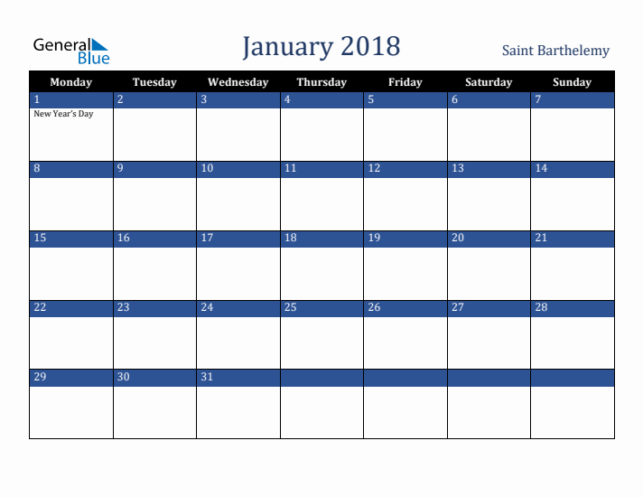 January 2018 Saint Barthelemy Calendar (Monday Start)