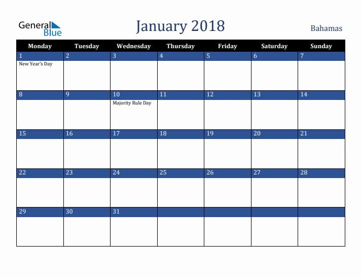 January 2018 Bahamas Calendar (Monday Start)