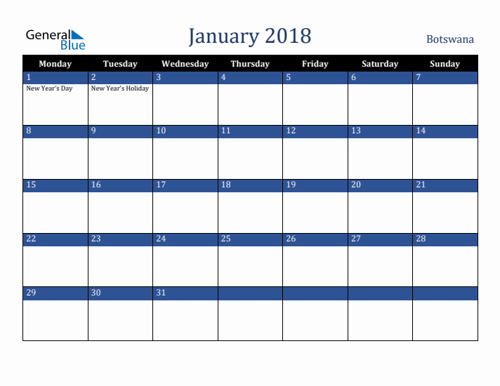 January 2018 Botswana Calendar (Monday Start)