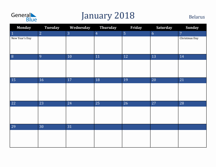 January 2018 Belarus Calendar (Monday Start)