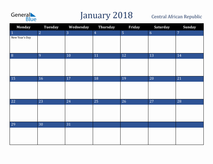 January 2018 Central African Republic Calendar (Monday Start)