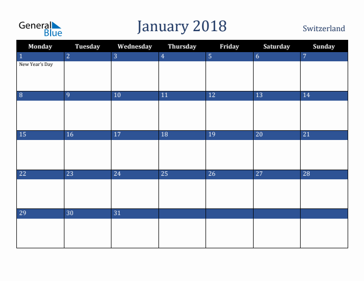January 2018 Switzerland Calendar (Monday Start)