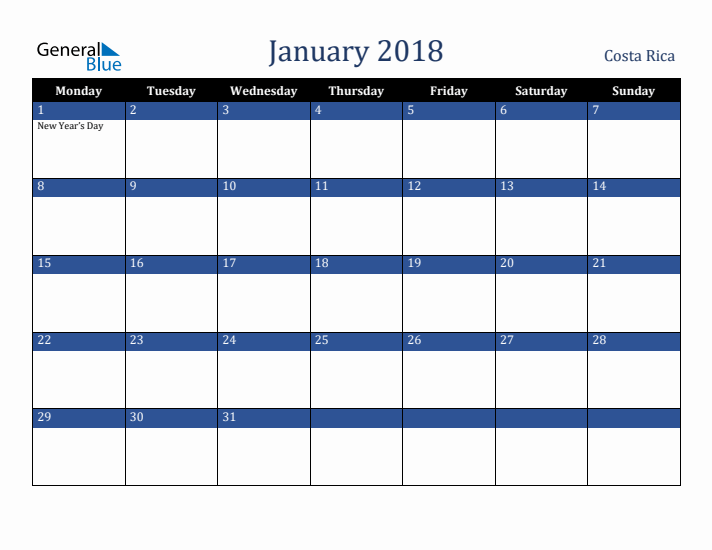 January 2018 Costa Rica Calendar (Monday Start)