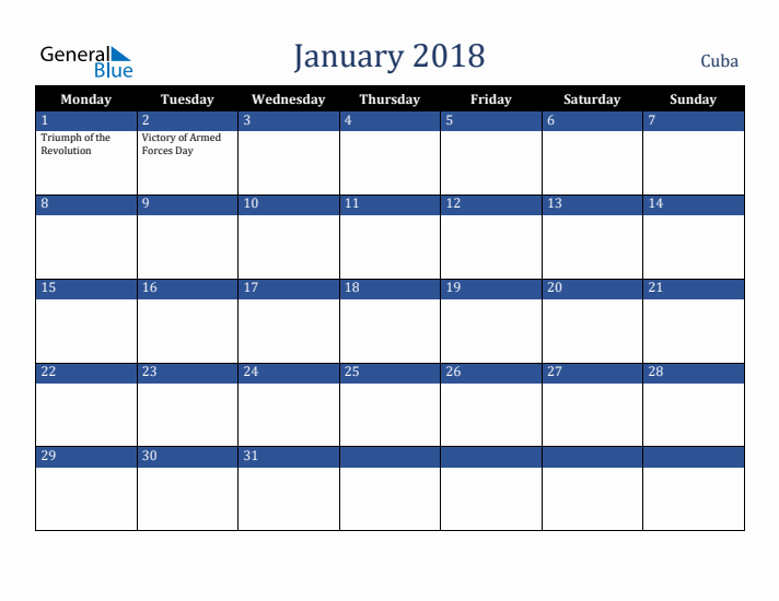 January 2018 Cuba Calendar (Monday Start)