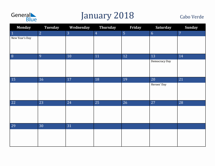January 2018 Cabo Verde Calendar (Monday Start)