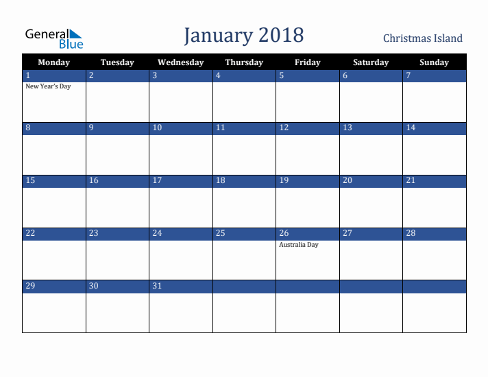 January 2018 Christmas Island Calendar (Monday Start)