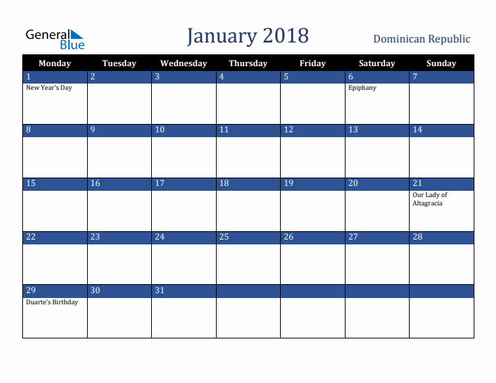 January 2018 Dominican Republic Calendar (Monday Start)