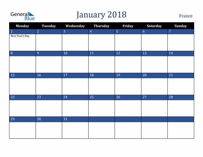 January 2018 France Calendar (Monday Start)