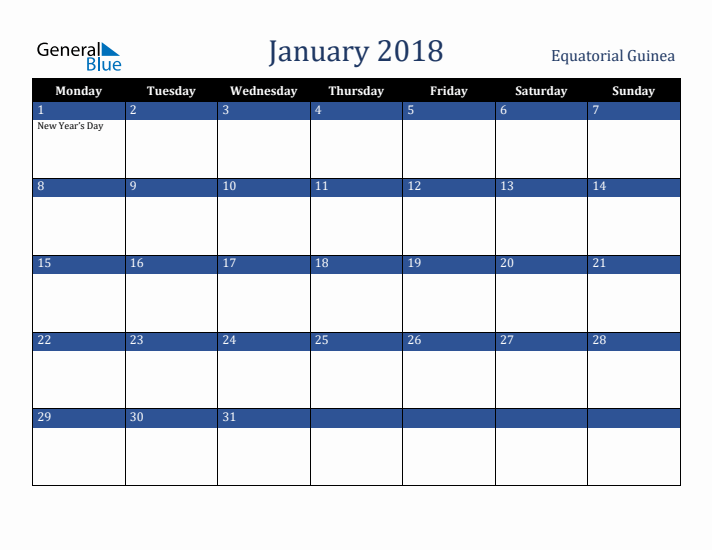 January 2018 Equatorial Guinea Calendar (Monday Start)