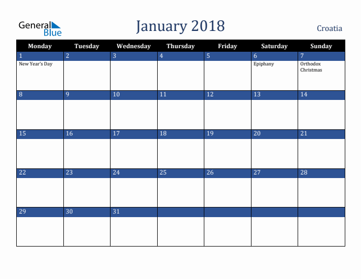 January 2018 Croatia Calendar (Monday Start)