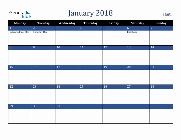 January 2018 Haiti Calendar (Monday Start)