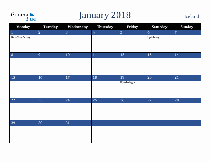 January 2018 Iceland Calendar (Monday Start)