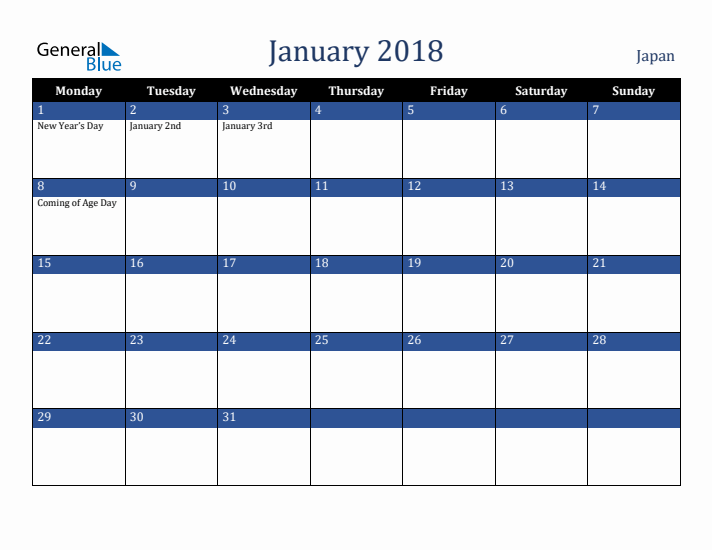January 2018 Japan Calendar (Monday Start)