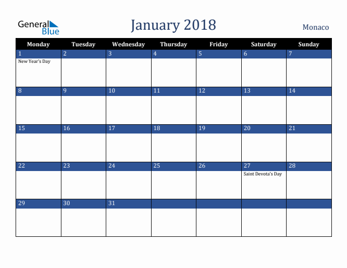 January 2018 Monaco Calendar (Monday Start)