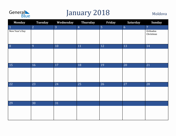 January 2018 Moldova Calendar (Monday Start)