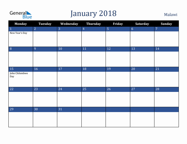 January 2018 Malawi Calendar (Monday Start)