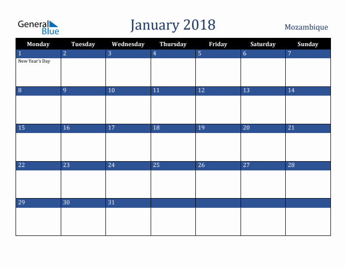January 2018 Mozambique Calendar (Monday Start)