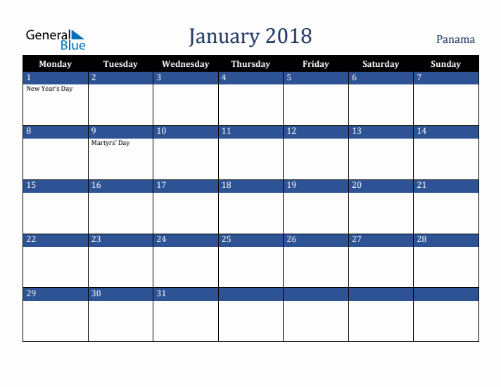 January 2018 Panama Calendar (Monday Start)