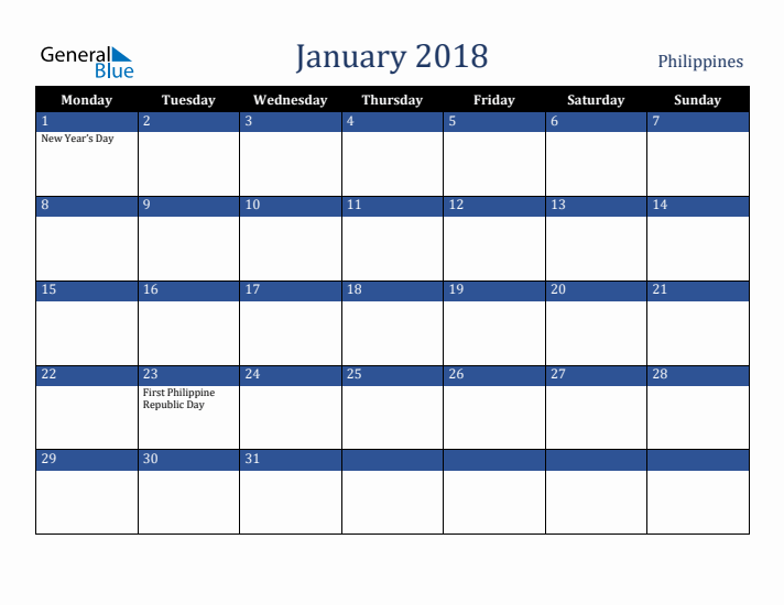 January 2018 Philippines Calendar (Monday Start)