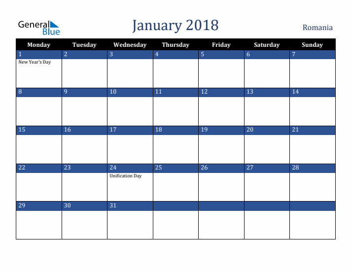 January 2018 Romania Calendar (Monday Start)