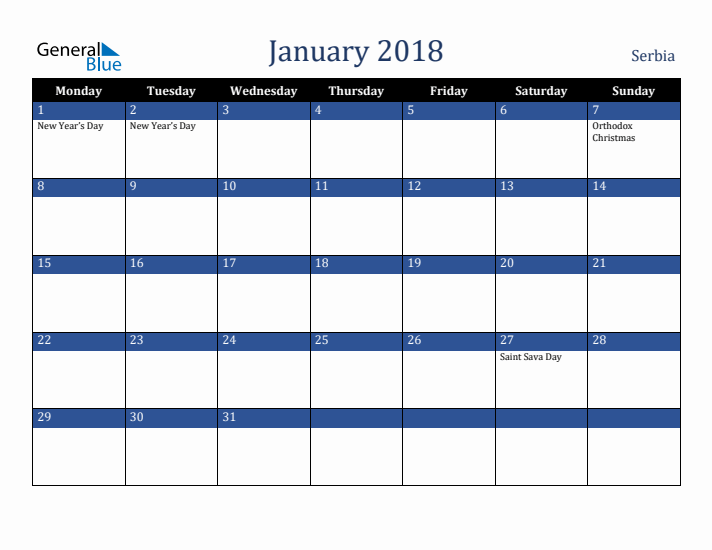 January 2018 Serbia Calendar (Monday Start)
