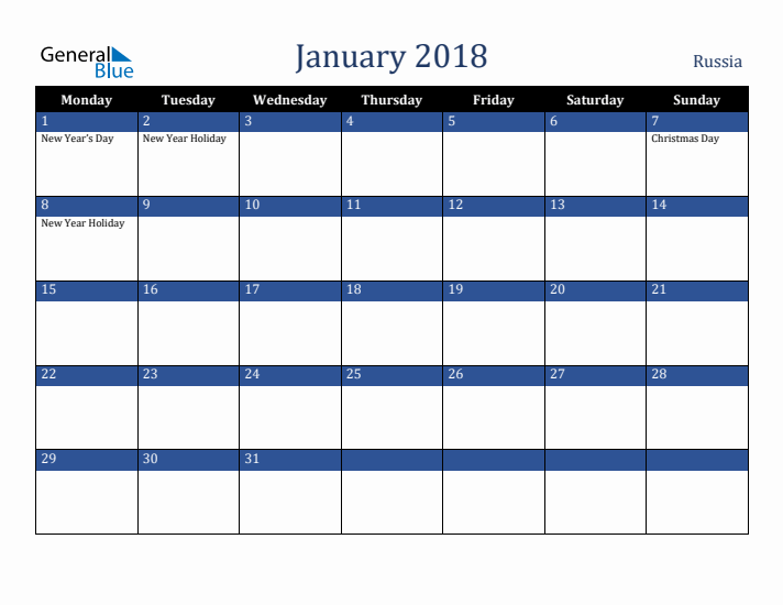 January 2018 Russia Calendar (Monday Start)