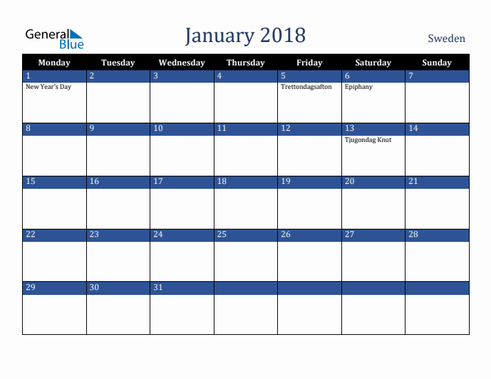 January 2018 Sweden Calendar (Monday Start)