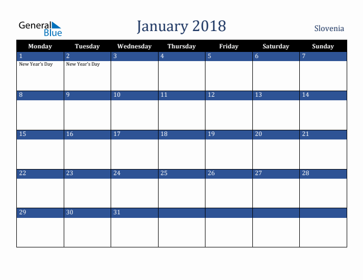 January 2018 Slovenia Calendar (Monday Start)