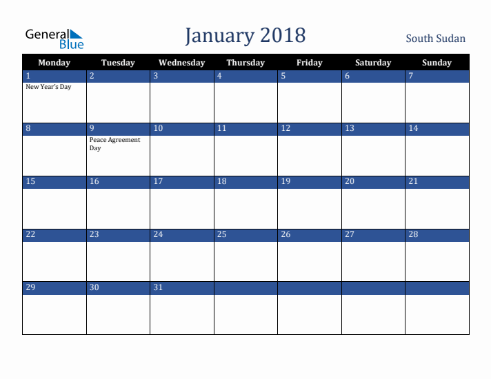 January 2018 South Sudan Calendar (Monday Start)